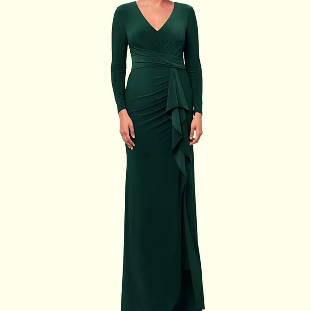 Betsy & Adam Pine Green Cascade Ruffle Long Sleeve Jersey Gown